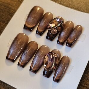 *handmade* Purple brown cat eye diamond bling fall press on nails halloween